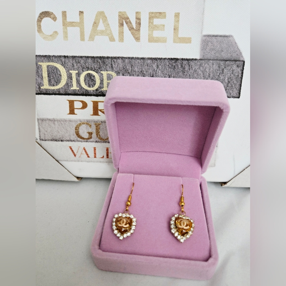 Chanel Stamped Gold and Rhinestone Heart Earrings